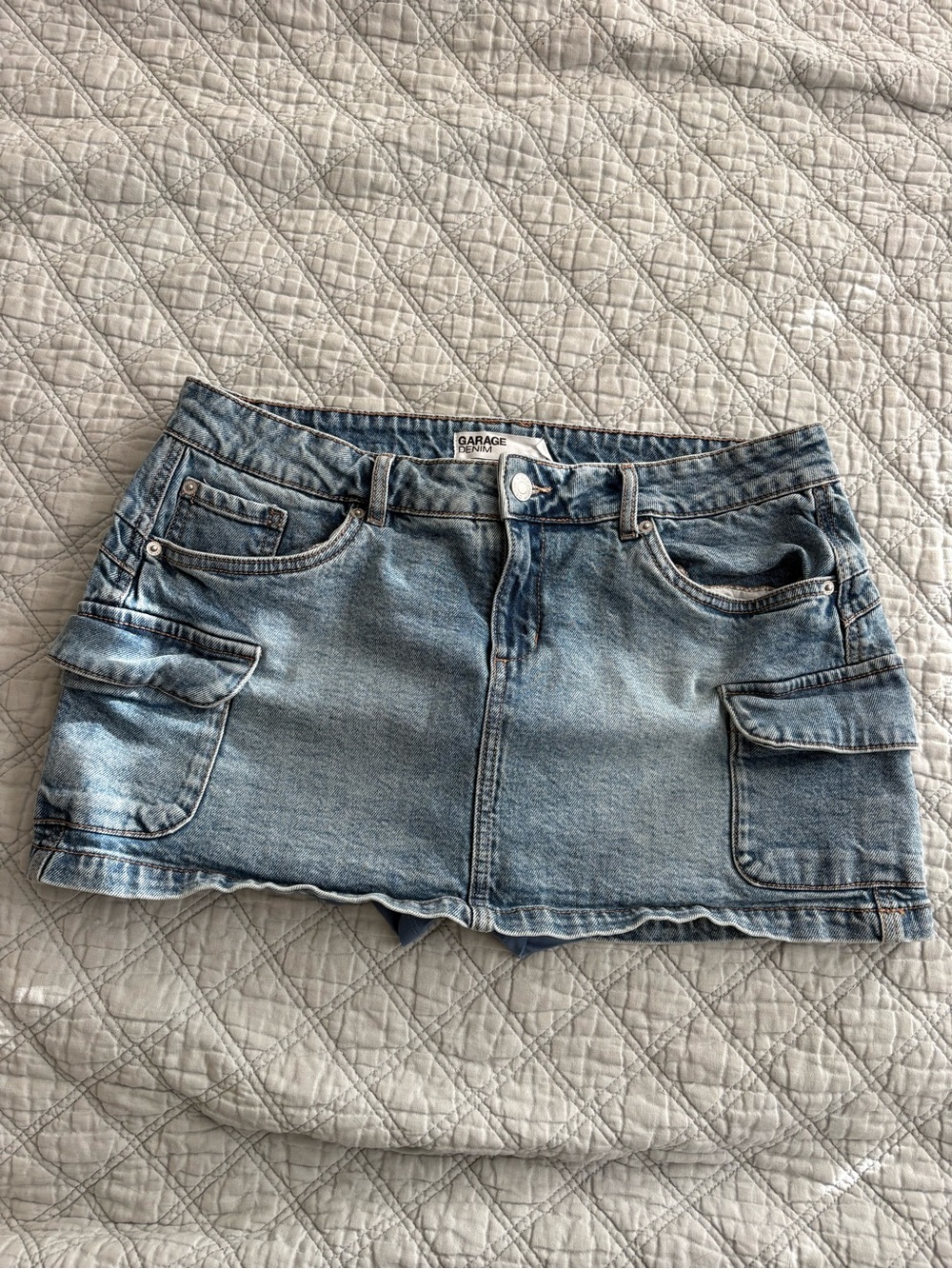 Garage Light Wash Denim Mini Skirt with Cargo Pockets